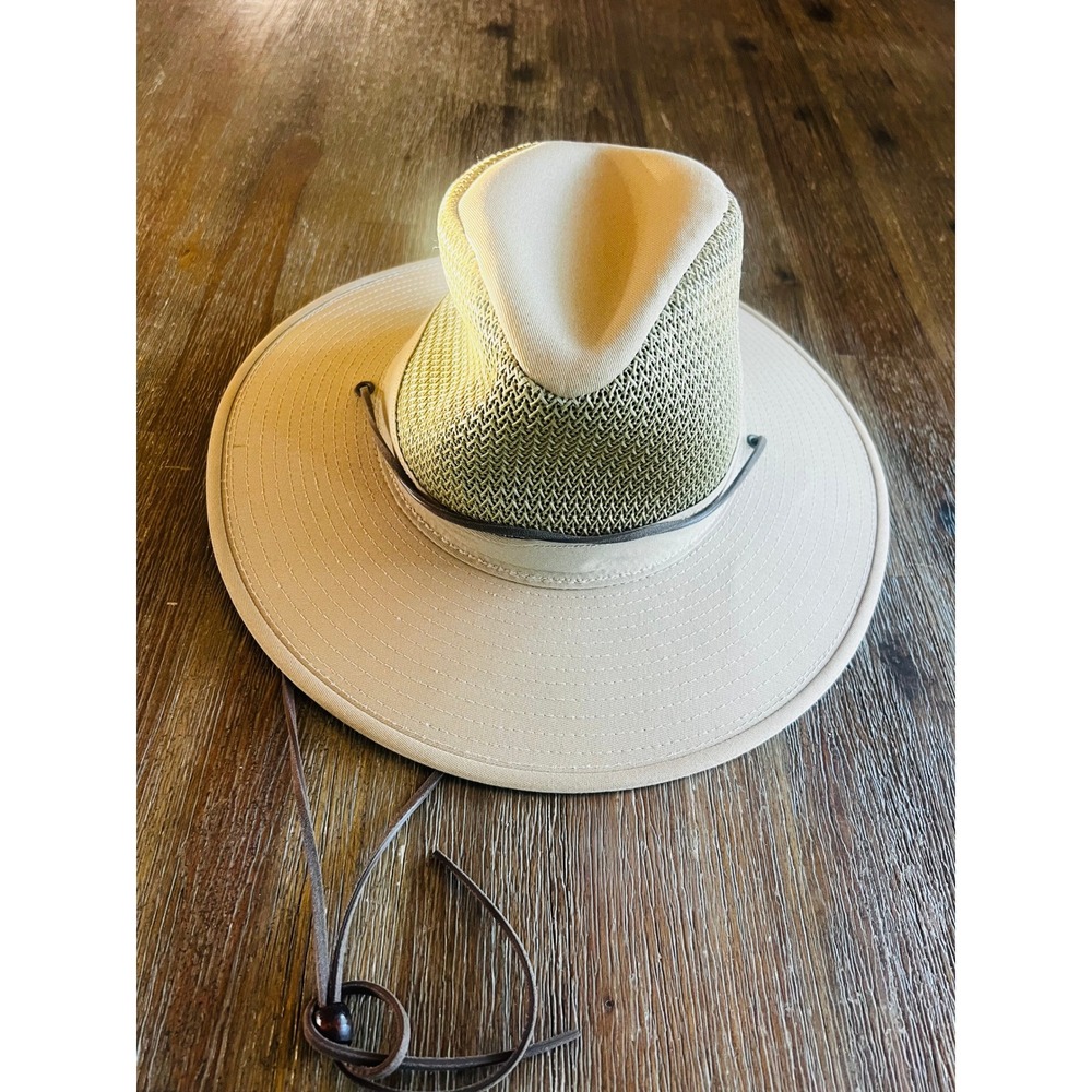 Henschel Hat Co USA Breezer Mesh Sun Hat Khaki Tan Wide Brim Chin Strap Medium